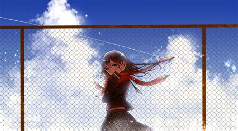 Free Download Hd Wallpaper The Sky Girl Clouds The Fence Anime