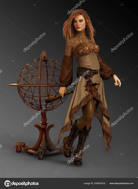 Beautiful Steampunk Girl Explorer Dress Red Hair Globe — Stock Photo