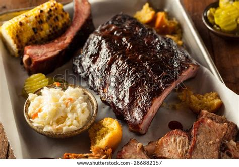 Barbecue Smoked Brisket Ribs Platter Pulled Stock Photo 286882157