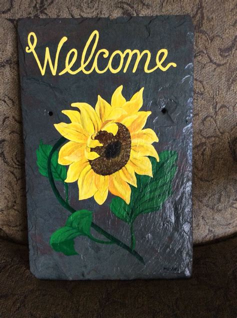 Sunflower painted slate | Slate art, Painted slate, Slate tile crafts