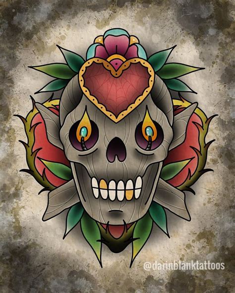 A Drawing Of A Skull With Roses On Its Head And Heart In The Middle