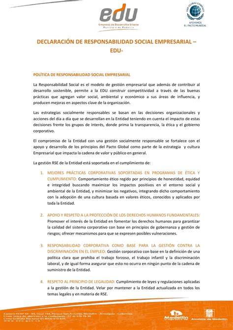 Declaración De Responsabilidad Social Empresarial Edu By Edu Medellin
