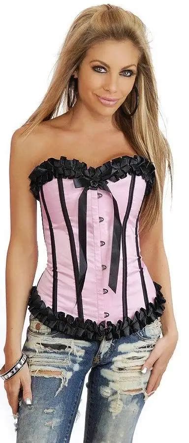 Free Shipping Sexy Lingerie Bustier Pink Satin Ribbon Corset With Shiny Silk Bow Ribbons WSY