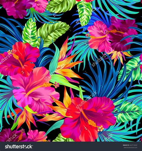 Seamless Vector Pattern With Hibiscus Palms Tropical Flowers Leaves