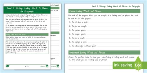 Level 3 Linking Words And Phrases For Paragraphs Worksheet