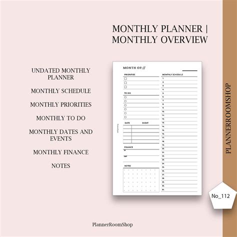Monthly Overview Printable Pocket Planner Inserts Month On A Etsy