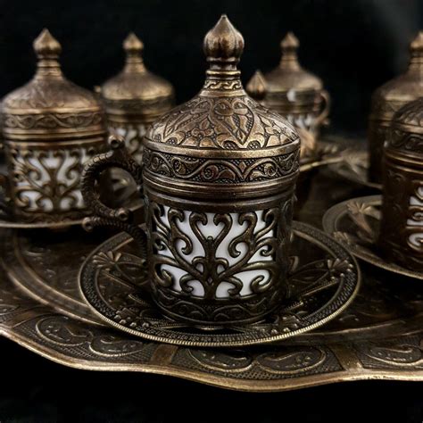 Ottoman Turkish Moroccan Bronze Brass Tea Coffee Saucers Cups Tray Set