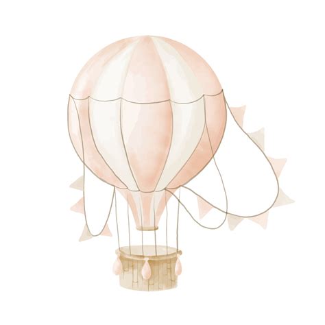 Watercolor Pink Air Balloon With Basket And Pennants Hand Painted