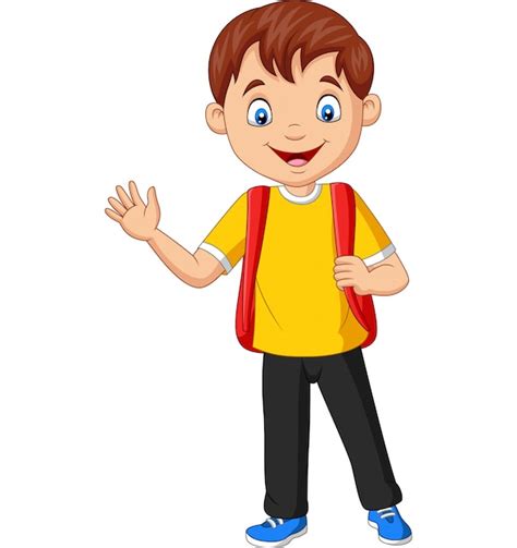 Cartoon School Boy Carrying Backpack Waving Hand Premium Vector