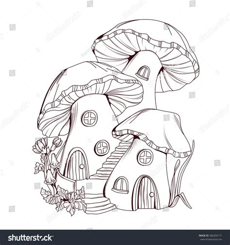 Coloring Book Mushroom Houses Fairy Tale Stock Vector Royalty Free