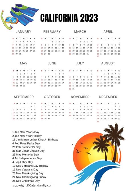 California Calendar 2023 With California Public Holidays