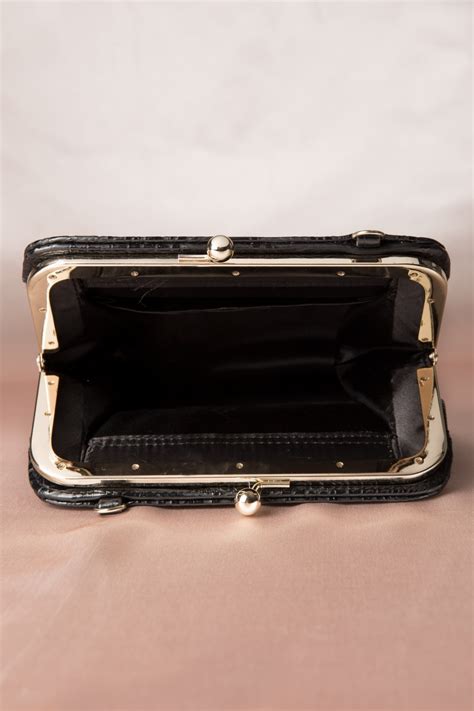 40s Marie Kiss Lock Bag Croc Black