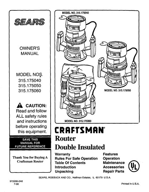 Use our interactive diagrams, accessories, and expert repair help to fix your craftsman router. Sears Router 315.17504 User Guide | ManualsOnline.com