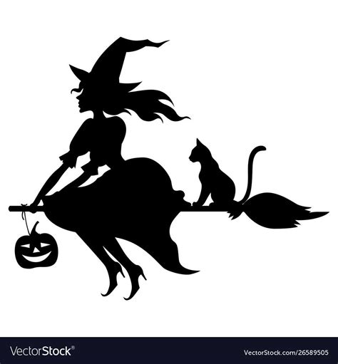 Vector Illustrations Of Silhouette Witch With Hat On Broom Fly And Cat