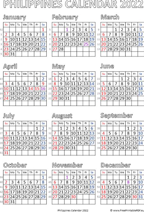 Calendar 2022 Philippines Free Printable Pdf