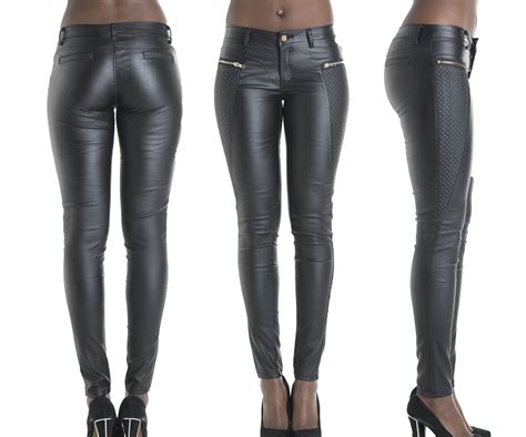 buy fashion black leather pants patchwork fake zippers low waisted full length