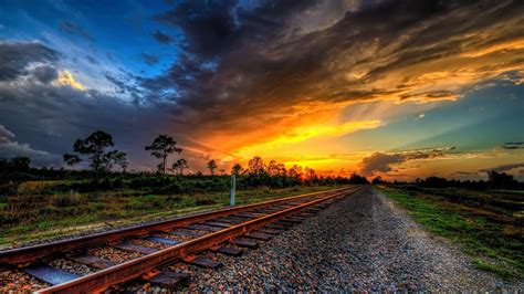 Wallpaper Sunlight Landscape Sunset Nature Sky Field Railway