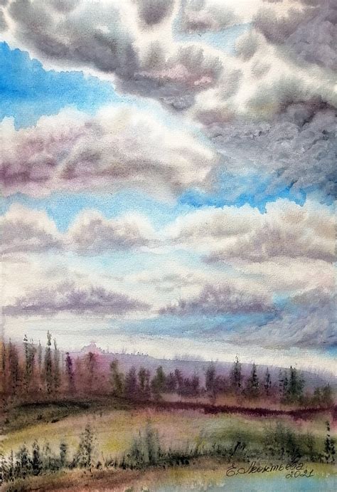 Watercolor Painting Of Cloudy Skies In The Park Original Etsy