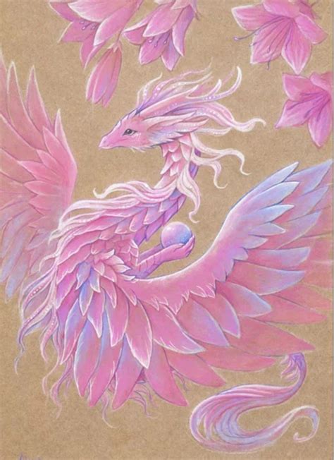 A Beautiful Floral Canvas Print Of A Pink Dragon With Flowing Feathers