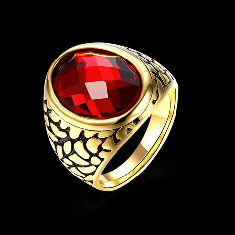 Retro Gothic Cool Male Rings With Red Stone In Golden Tone Stainless