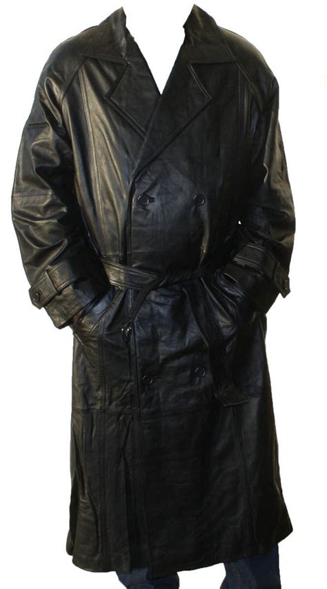 Mens Genuine Cow Leather Trench Coat Full Length Zip Out Lined Buttons