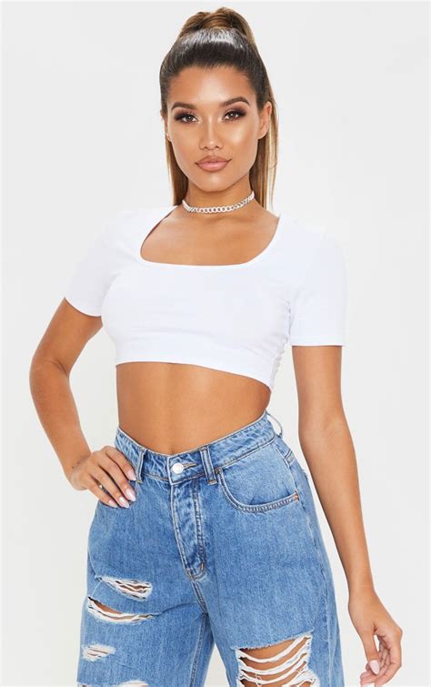 White Cotton Square Neck Short Sleeve Crop Top Short Sleeve Cropped