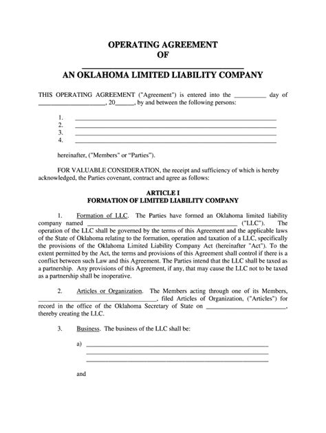 Oklahoma Limited Liability Company Llc Operating Agreement Complete