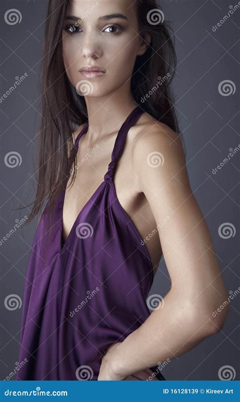 Sexy Brunette Posing In Silk Violet Dress Royalty Free Stock Images Image 16128139