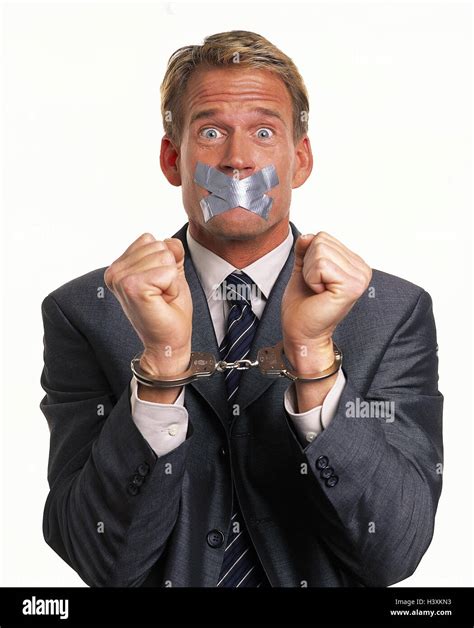 Man Blond Suit Tie Mouth Sealed Handcuffs Portrait Men Studio Cut Out Near