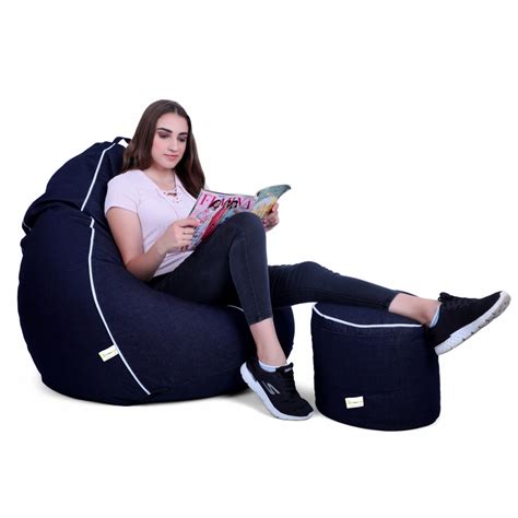 Can Bean Bags Denim Navy Blue With Footstool Piping Bean Bag Xxxl Cover