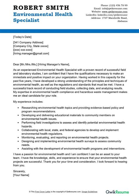 Environmental Health Specialist Cover Letter Examples Qwikresume