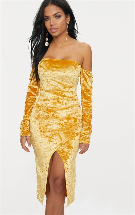 mustard velvet bardot long sleeve wrap detail midi dress prettylittlething aus