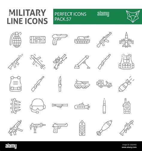 Delgada Línea Militar Conjunto De Iconos La Guerra Y El Ejército