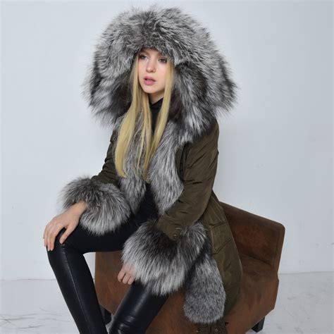 Super Silver Fox Fur Brand Down Coat New Winter Womens Luxurious Long