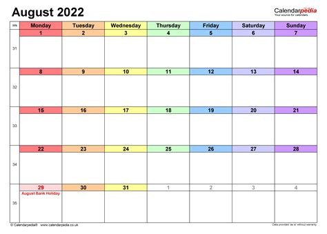 Calendar August 2022 Uk With Excel Word And Pdf Templates