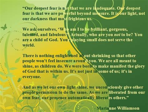Marianne, williamson , free study guides and book notes including comprehensive chapter analysis, complete summary analysis, author biography information, character profiles, theme analysis. "Our Deepest Fear" by Marianne Williamson | Quotes | Pinterest