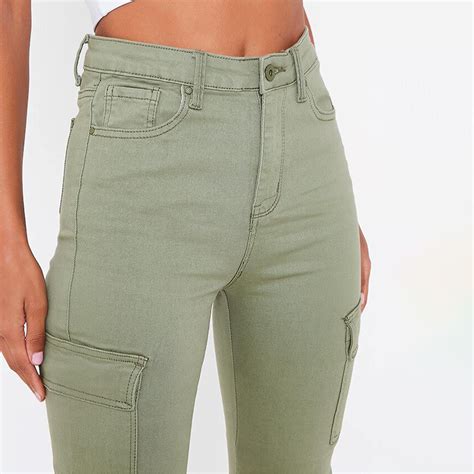 I Saw It First Stretch Pocketed Cargo Jeans Green Isawitfirst