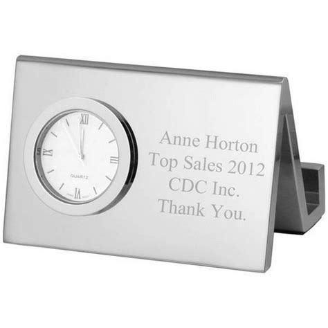 Solid construction is sure to last for years. Personalized Silver Desk Clock with Business Card Holder