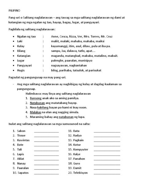 Worksheet For Grade Uri Ng Pangngalan Pantangi At Pambalana Images
