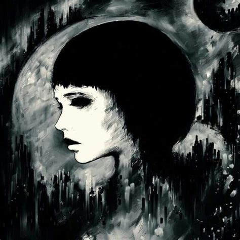 A Black And White Painting Of A Womans Face With City Lights In The