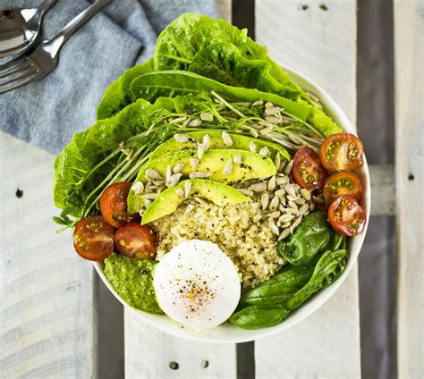 Quinoa Breakfast Bowl With Poached Egg Avocado And Pesto Love Food Nourish