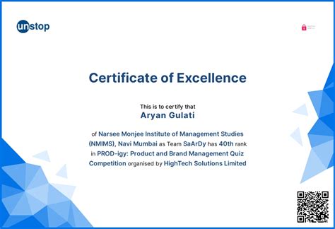 Certificate Of Excellence In Prod Igy Product And Brand Management