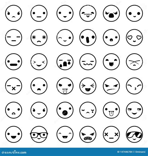Lineart Cute Emoticon Smile Emoji Icons Set Isolated On White Outline