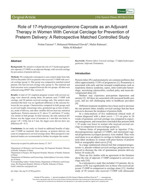 pdf role of 17 hydroxyprogesterone caproate as an adjuvant therapy in women with cervical