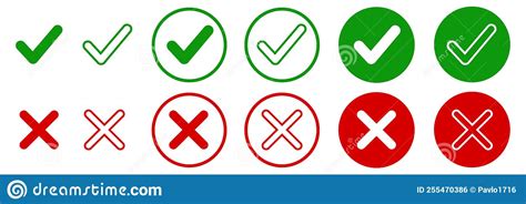 Set Green Approval Check Mark And Red Cross Icons In Circle And Square