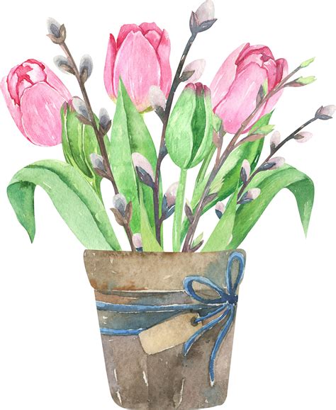 Watercolor Tulips Composition In Wood Boxbouquets Of Flowers Leaves