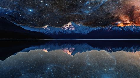 Nebula Lake Space Stars Water Reflection Evening Photo