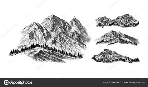 Mountain Pine Trees Landscape Black White Background Hand Drawn Rocky