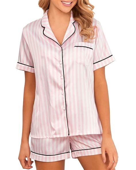 Buy Women Striped Pajamas Pink Silk Pj Shorts Set Button Pajama Two