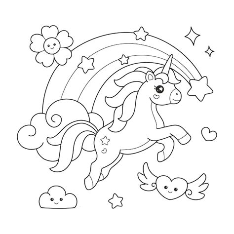 Dibujo De Unicornio Saltando Sobre El Arcoiris Para Colorear Vector